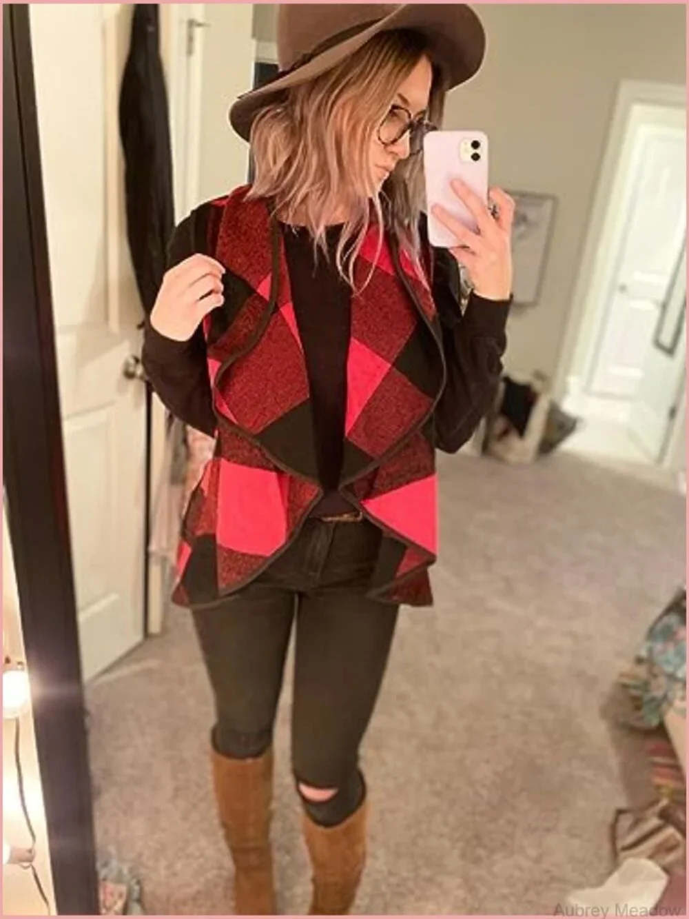 Buffalo Plaid Sleeveless Cardigan Vest with Pockets Open Front Lapel - Picture 3 of 7